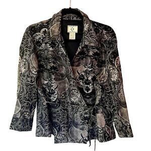 ICE Silk Lace Print Wrap Top Black and Ivory SZ XL